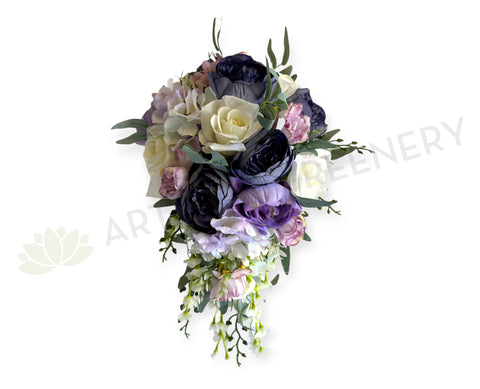 Artificial Teardrop Wedding Bouquet - White and Purple - Gen P | ARTISTIC GREENERY