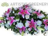 Pink Lilies & White Roses Casket Spray / Memorial Flowers 70cm & 100cm Long - SYM0067
