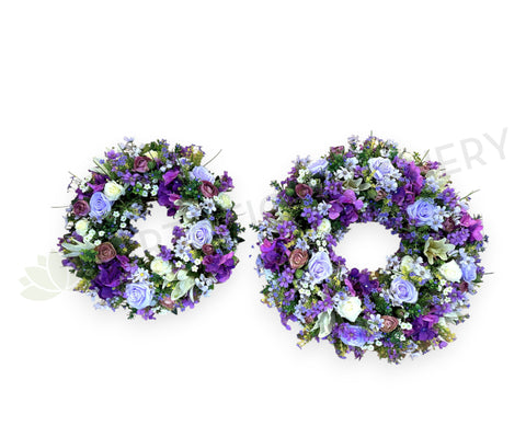 Purple & White Silk Floral Round Wreath 30cm / 40 / 50cm - SYM0031WRE  Perth WA Australia / Sympathy Gravestone flowers