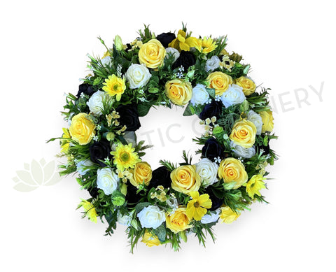 Yellow Black & White Faux Floral Wreath 30cm / 40 / 50cm - SYM0063 | ARTISTIC GREENERY Perth WA Australia / Sympathy Gravestone flowers