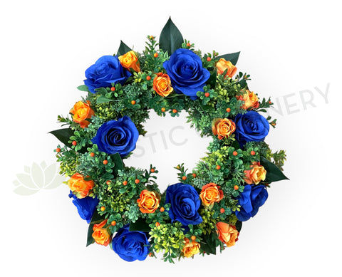 Blue & Orange Silk Wreath 30cm / 40cm / 50cm (WRE007) | ARTISTIC GREENERY Perth Australia / Sympathy Gravestone flowers