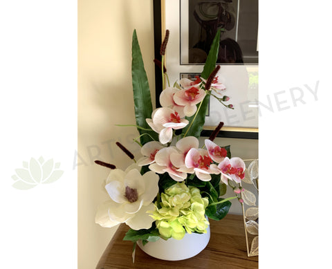 FA1025B- White Magnolia & Orchid Floral Arrangement