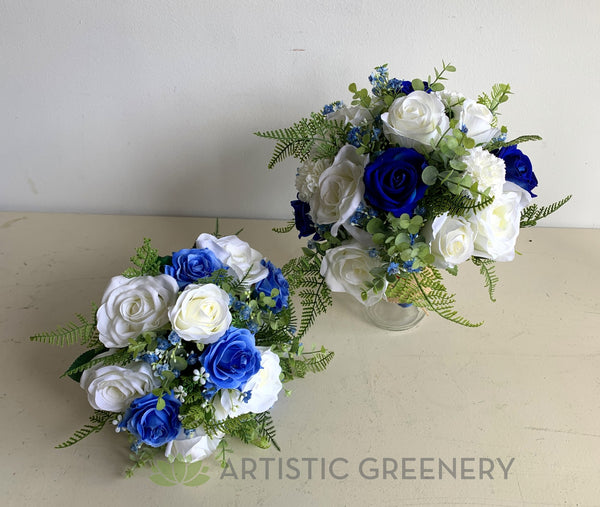 Round Silk Wedding Bouquet Blue & White Shirley D ARTISTIC