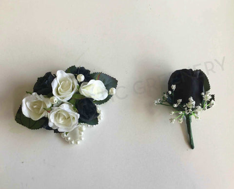 Corsage & Buttonhole - Black & White Roses - CB0001 - $56/set