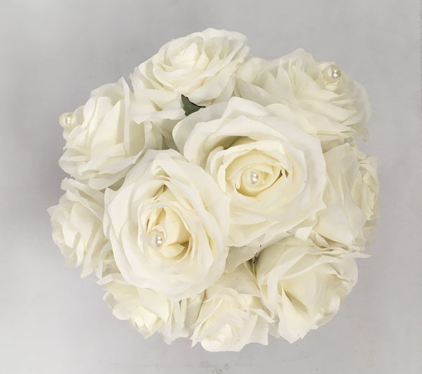 Silk White Rose Bouquet with Pearl in center wedding flower Perth