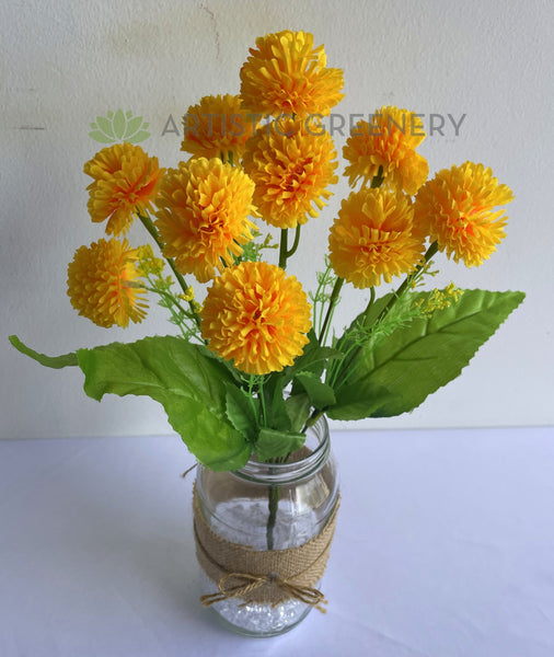 SP0417 Silk Yellow Pom Pom Flower Bunch 35cm ARTISTIC GREENERY Perth