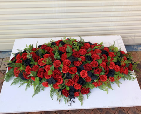 SYM0044 (Desiree) - Black & Red Memorial Flowers / Casket Spray / Graveside Flowers 90cm / 140cm Long | ARTISTIC GREENERY