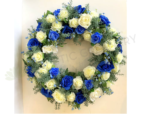 Blue & White Rose Floral Wreath 30cm / 40 / 50cm - SYM0045