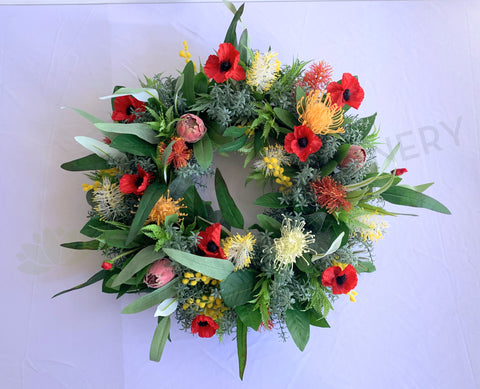 SYM0046 - Silk Poppy & Native Wreath Anzac Wreath silk floral wreath / flower wreath Perth Australia / Sympathy Gravestone flowers | ARTISTIC GREENERY