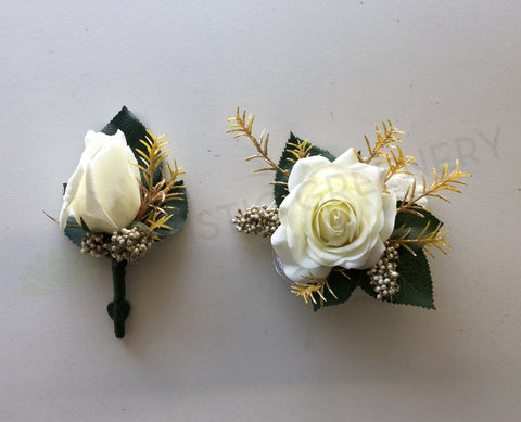 Corsage & Buttonhole - White & Gold - CB0017 - $53/set