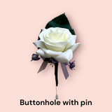 Corsage - White Rose with Lilac Ribbon & Gypso - COR002