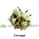 Corsage & Buttonhole - White Roses with Gold Ribbons - CB0035Gold - $56/set | ARTISTIC GREENERY Ball Perth Australia Custom-made Cheap buttonholes 