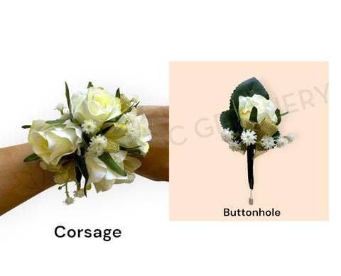 Corsage & Buttonhole - White Roses with Gold Ribbons - CB0035Gold - $56/set | ARTISTIC GREENERY Ball Perth Australia Custom-made Cheap buttonholes 