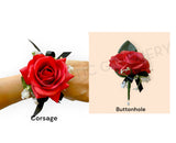 School Ball Corsage & Buttonhole - Red Rose with Black Ribbon - CB0048 - $56/set | ARTISTIC GREENERY