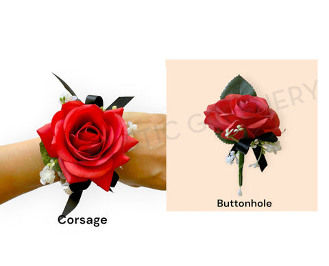 School Ball Corsage & Buttonhole - Red Rose with Black Ribbon - CB0048 - $56/set | ARTISTIC GREENERY