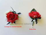 School Ball Corsage & Buttonhole - Red Rose with Black Ribbon - CB0048 - $56/set | ARTISTIC GREENERY