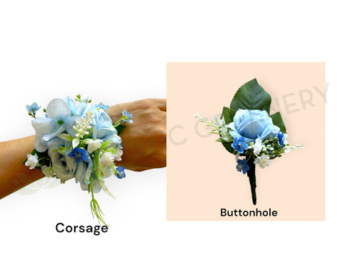 School Ball Corsage & Lapel Flower Buttonhole - Baby Blue Roses - CB0049 - $56/set | ARTISTIC GREENERY