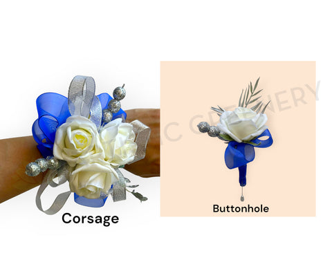 Corsage & Buttonhole - White Roses with Silver & Blue - CB0050 - $60/set | ARTISTIC GREENERY