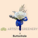 Corsage & Buttonhole - White Roses with Silver & Blue - CB0050 - $60/set | ARTISTIC GREENERY