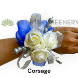 Corsage & Buttonhole - White Roses with Silver & Blue - CB0050 - $60/set | ARTISTIC GREENERY