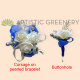 Corsage & Buttonhole - White Roses with Silver & Blue - CB0050 - $60/set | ARTISTIC GREENERY