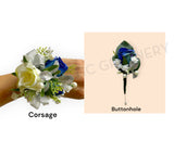 Corsage & Buttonhole - Dark Blue & White with Silver - CB0052 - $56/set | ARTISTIC GREENERY