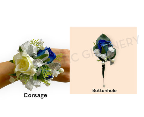 Corsage & Buttonhole - Dark Blue & White with Silver - CB0052 - $56/set | ARTISTIC GREENERY