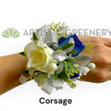 Corsage & Buttonhole - Dark Blue & White with Silver - CB0052 - $56/set | ARTISTIC GREENERY