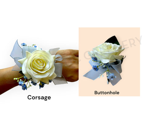 Corsage & Buttonhole - White Rose with Dusty Blue Ribbon - CB0053 - $56/set | ARTISTIC GREENERY