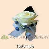 Corsage & Buttonhole - White Rose with Dusty Blue Ribbon - CB0053 - $56/set | ARTISTIC GREENERY