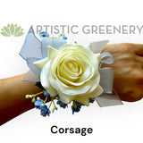 Corsage & Buttonhole - White Rose with Dusty Blue Ribbon - CB0053 - $56/set | ARTISTIC GREENERY