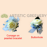 Corsage & Buttonhole - White Rose with Dusty Blue Ribbon - CB0053 - $56/set | ARTISTIC GREENERY