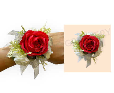 Corsage - Red Rose with Silver Ribbon & Smaller White Flowers - COR003 | ARTISTIC GREENERY