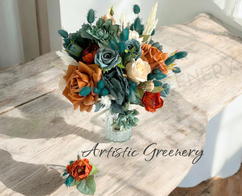 Round Bouquet - Rustic Cream Burnt Orange & Teal - Emma B