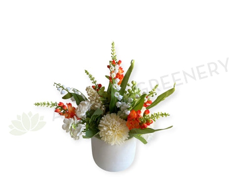 FA1144 - Orange & White Small Floral Arrangement 23cm Tall (Ref: Bella Build & Design) | ARTISTIC GREENERY