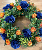 Blue & Orange Silk Wreath 30cm / 40cm / 50cm (WRE007) | ARTISTIC GREENERY Perth Australia / Sympathy Gravestone flowers