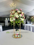 For Hire - Grand Floral Centrepiece on Gold Stand 60cm Pink & White (Code: HI0056) Gloria | ARTISTIC GREENERY