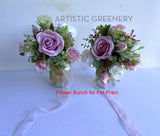 Round Bouquet & Pet Pram Flowers - Pink Purple & White - Gloria L