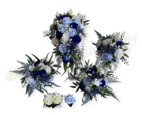 Silk Flower Teardrop Bouquet - Blue & White - Kelly S | ARTISTIC GREENERY