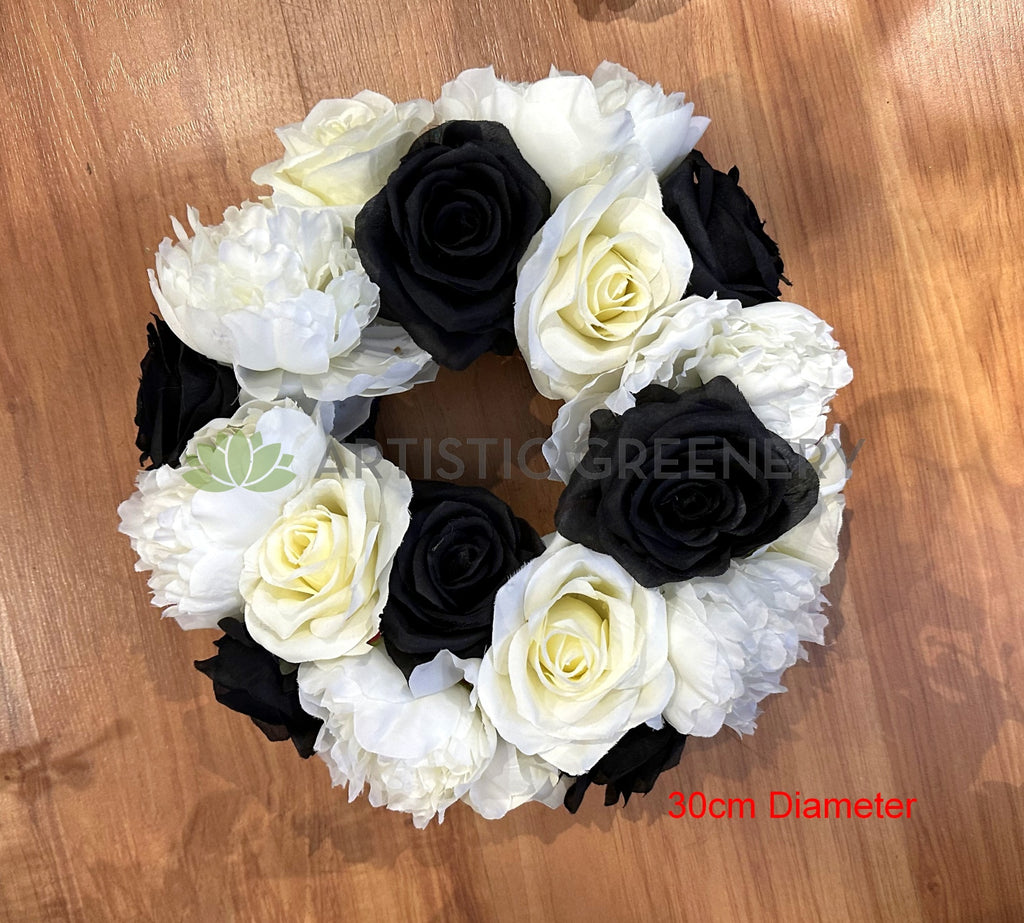 Artificial Black & White Rose Floral Wreath (No Greenery) 30cm / 40