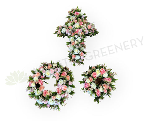 Memorial Silk Flowers - Pink & White - Cross / Round / Candle Wreath - SYM0047 | ARTISTIC GREENERY