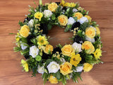 Yellow Black & White Faux Floral Wreath 30cm / 40 / 50cm - SYM0063 | ARTISTIC GREENERY Perth WA Australia / Sympathy Gravestone flowers