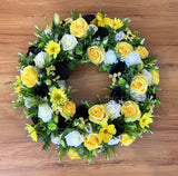 Yellow Black & White Faux Floral Wreath 30cm / 40 / 50cm - SYM0063 | ARTISTIC GREENERY Perth WA Australia / Sympathy Gravestone flowers