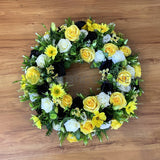 Yellow Black & White Faux Floral Wreath 30cm / 40 / 50cm - SYM0063 | ARTISTIC GREENERY Perth WA Australia / Sympathy Gravestone flowers