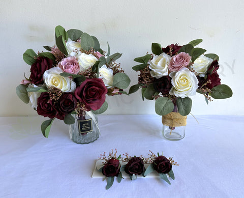 Silk Flower Round Bouquet - Burgundy Cream & Dusty Pink - Stacey N | ARTISTIC GREENERY
