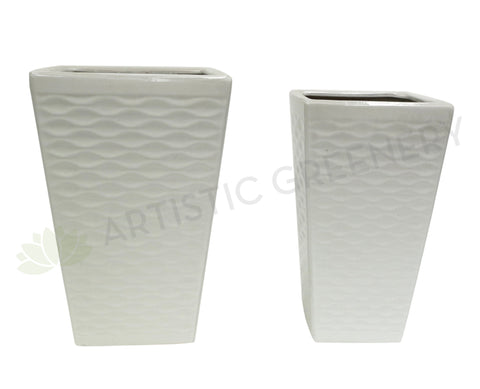 Glazed Tapered Ceramic Pot Ripple Pattern- White (Code: CER012)