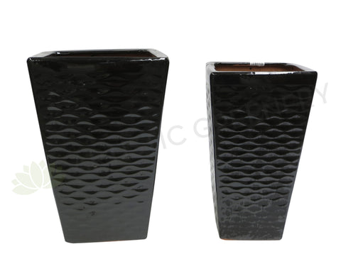 Glazed Tapered Ceramic Pot Ripple Pattern- Black (Code: CER012)