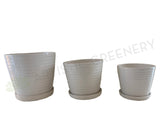 CER127 Glazed Ribbed Ceramic Pot with Saucer - White - 3 Sizes