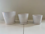 CER127 Glazed Ribbed Ceramic Pot with Saucer - White - 3 Sizes