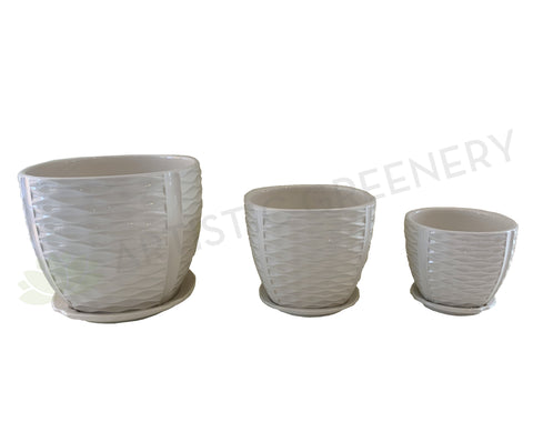 CER1303-4 Glazed Ceramic Pot (Wave Pattern) with Saucer - White - 3 Sizes